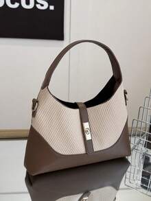 Bolso tipo dumpling con diseño de bloques de color, bolso versátil de hombro y bandolera portátil para ir y venir, bolso de mano, adecuado para el uso diario y citas casuales - Marrón - Ver 9
