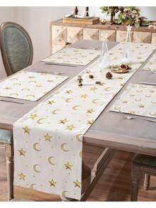 1pc/Set Linen Placemat With Star & Moon Design, Black & White, Seasonal Kitchen Dining Table Decor, Home Decor, Suitable For Party, Gathering, Family Meal - Multicolor - View 1