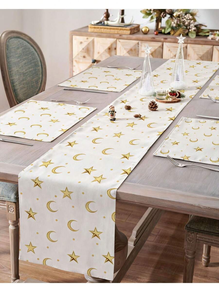1pc/Set Linen Placemat With Star & Moon Design, Black & White, Seasonal Kitchen Dining Table Decor, Home Decor, Suitable For Party, Gathering, Family Meal - Multicolor - View 1