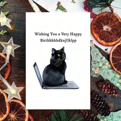 1pc Edgy Cat Humor Birthday Greeting Card With Envelope - "Happy Birthday Cat Laptop Fiasco" Design, Lively Scene With Cat On Laptop & Hilarious Text, Perfect For Cat Admirers With A Sense Of Humor, Ideal For Birthdays & Memorable Occasions, Greeting Card|Cat Comedy Card|Paper Greeting Card, Cat Lover Accessories