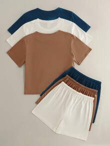 Bộ đồ ngủ 3 món cho nữ: Áo cổ tròn tay ngắn và quần short thoải mái - Dễ chăm sóc, dây rút, vải dệt kim, thích hợp cho các môn thể thao ngoài trời mùa xuân/hè và các buổi tối thường ngày - Nhiều màu - Xem 2