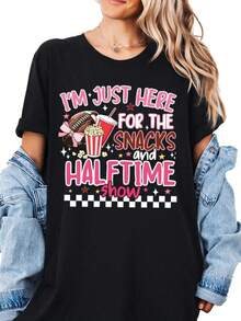 American Football Snacks Shirt, Funny Football Bowl Shirt, Snacks Commercials Halftime Show Shirt, Pink Bow Shirt, Women's Sports Short Sleeve T-Shirt Women Gifts For Mom Birthday, Football Fan Tee, 100% Cotton Oversized Printed T-Shirts, Unisex Casual Round Neck Short Sleeve Tee, 1pcs Fashion Shirt - 黑色001 - 查看 1
