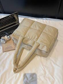 Spacious & Fashionable Quilted Women's Handbag With Detachable Shoulder Strap And Zipper, Suitable For Work, Travel And Gym - Available In Cream, Purple And Black - Khaki - View 4