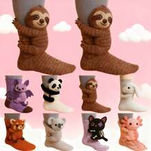 3D Animal Plush Hug Socks, Animal Pattern Knitted Floor Socks, Warm Socks, Cute Autumn/Winter Floor Socks - Monkey, Koala, Panda, Rabbit Etc. | Handmade Crochet Warm Mid-Calf/Knee-High Socks With Adorable 3D Animal Face And Hugging Arms | Comfortable Christmas Gift, Couples Set | Soft And Durable Yarn - Multicolor - View 2
