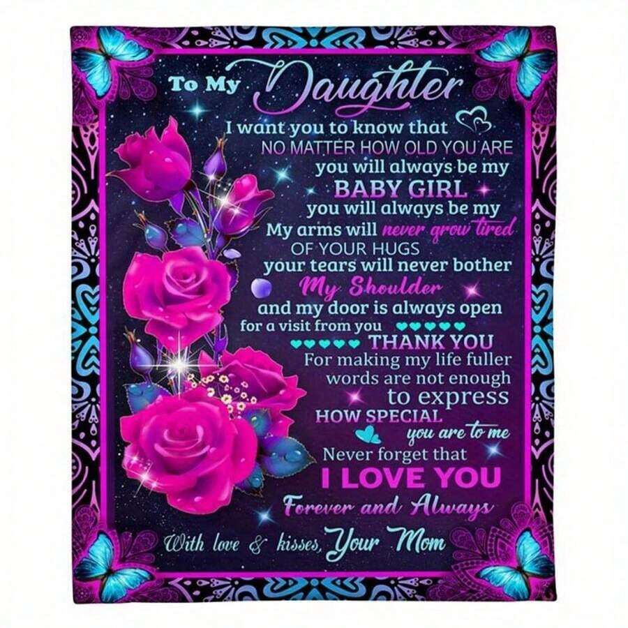 Send My Beautiful Daughter A Warm And Cozy Gift, A Blanket, A Heartfelt Message Design,Super Soft Flannel Printed Blanket,As Birthday Gifts, Family, Wedding, Souvenir Blankets, Polyester Blankets Suitable For All Seasons, Washable, Machine Washable, Lightweight, Breathable, Comfortable, Warm, Unique, 280gsm For Him, Her Personalized Ideal Gifts For Her, Perfect Nap, Camping, Travel, Home, Daily Life, Office Decoration, Birthday, Anniversary, Valentine's Day, Thanksgiving, Christmas, Halloween, Mother's Day, Wedding, New Year Gifts ,Sofa,Bed,Car,Bedroom,Living Room,Office, Outdoor Camping, Beach,Wall Decoration - 多色 1 - 查看 1