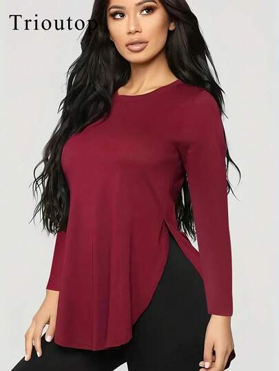 Trioutop Long Sleeved Oversized T-Shirt, Side Cut Round Neck Casual Top