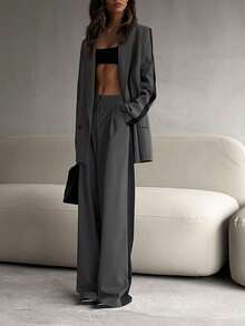 Women's Elegant Two Piece Blazer Set - Loose Fit Long Sleeve Blazer With Wide Leg Pants, Black Trim Detail, Stretch Office Casual Outfit,Pant Suit Set Women - 灰色 - 查看 4