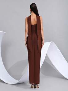 Beaded Decor Strapless High Slit Bandage Bridesmaid Dress, Holiday Party Bandage Dress - Coffee Brown - View 7