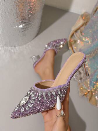 Women's Fashion High Heel Pointed Toe Slip-On Shoes, Luxury Crystal Embellished Chunky Heel Purple Mule Sandals, Closed Toe Sandals, Suitable For All Seasons, Lightweight & Comfortable Elegant Women Shoes, Suitable For Mid To High Heels, Crystal Embellished Sandals, Comfortable, Suitable For Daily Wear, Party, Casual, Outdoor, Office, Date, Valentine's Day, Church, Street Style Versatile Women Shoes
