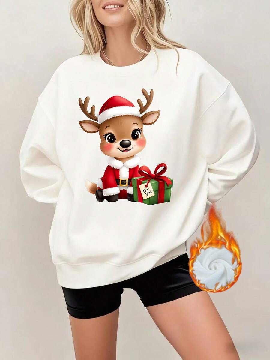 Christmas Reindeer Santa Hat Sweater Women Oversized Black Holiday Sweatshirt With Gift Print Festive Xmas Top For Winter SeasonMerry Christmas, New Year, Christmas Party Costumes, Ladies' Long Sleeved Round Neck Hoodie - 白色 - 查看 1