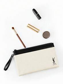 Yves Saint Laurent 大容量腕带化妆包，白色/黑色拉链化妆品收纳袋，带可拆卸肩带 - 黑白 - 查看 2