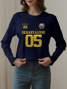 韩版女式宽松棉质字母印花圆领休闲长袖T恤，百搭春秋季