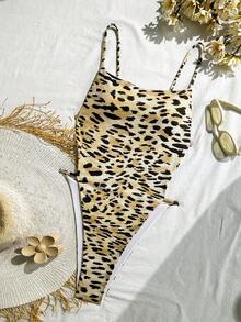 Women's Leopard Print One-Piece Swimsuit, Sexy Beach Style, Revealing Design, Suitable For Summer & Autumn - Multicolor - View 4