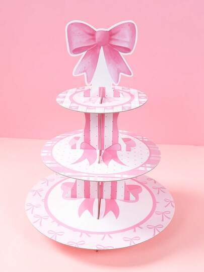 一套粉色蝴蝶结三层纸杯蛋糕架，纸杯蛋糕托架，婴儿派对纸杯蛋糕塔，生日派对餐桌中心装饰，性别揭晓派对用品，一周岁生日派对装饰，创意DIY蛋糕装饰，蛋糕甜点展示架，婴儿派对装饰，男宝宝和女宝宝派对用品，婴儿派对回礼，一周岁生日派对装饰，粉色生日装饰