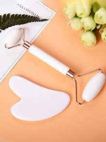 Un set de 3 piezas de herramientas de belleza facial, que incluye un rodillo masajeador de doble cabezal + una tabla Gua Sha con forma de corazón - rosa, un cepillo facial de silicona de doble cabezal para mascarillas de barro, palitos de masaje facial Gua Sha para el ojo y estiramiento muscular, herramientas mágicas exquisitas, masajeadores faciales, herramientas mágicas para empujar la cara, herramientas mágicas en forma de V para la cara, rodillos masajeadores de doble mentón y masetero para levantar y firmar el rostro - Multicolor - Ver 21