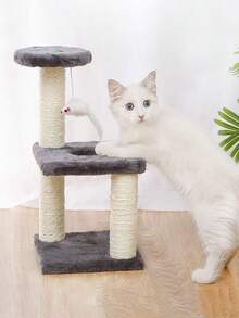 Rascador de gato para gatito, tres capas de sisal natural, plataforma de felpa y bolas de ratón, juguetes interactivos de gatitos y gatos - Gris - Ver 1