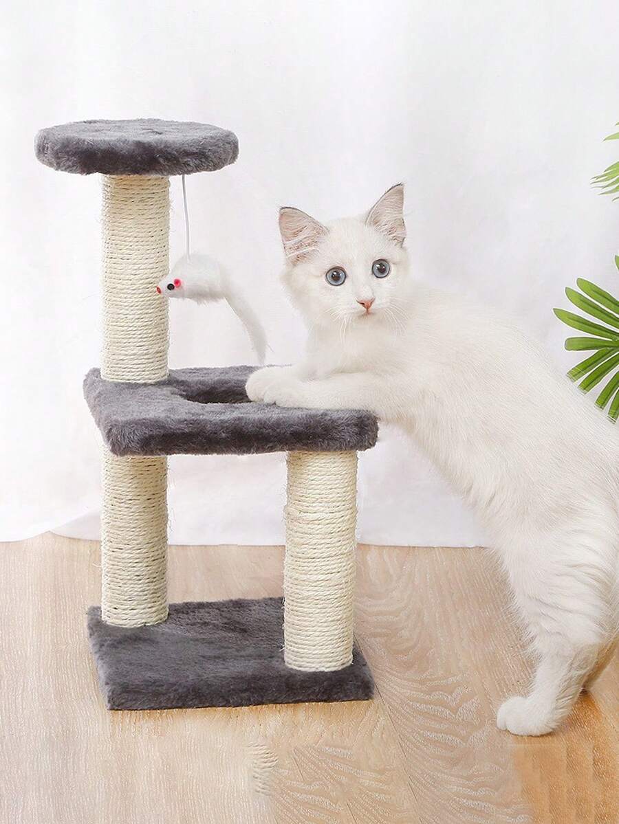 Rascador de gato para gatito, tres capas de sisal natural, plataforma de felpa y bolas de ratón, juguetes interactivos de gatitos y gatos - Gris - Ver 1