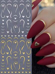 2PCS Bronzing Silver Gold Line Heart Nail Stickers 3D Swirl Strips French Styles Nail Art Decals Simples Self-Adhesive Manicure Sliders DIY Decoration Valentine's Days Nail Supplies For Women Girl - 金色+銀色 - 查看 2