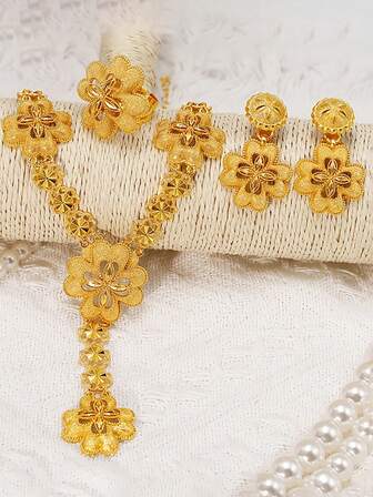 中东和拉丁美洲风格优雅花卉四件套首饰：项链、耳环、戒指，适合迪拜婚礼、派对、节日佩戴，也是母亲节的百搭礼物。