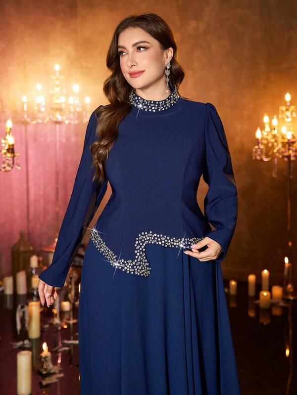 Plus Size Women's Solid Color Mandarin Collar, Beaded Neck Decor, Waist S-Shape Beaded Accent, Elegant Long Sleeve Maxi Formal Dress