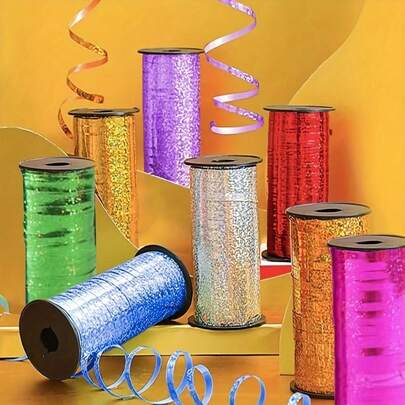 1 Roll/2 Rolls, 100 Yards Colorful Curling Ribbon, Metallic Balloon Satin Ribbon Gift Wrapping Ribbon, Balloon String, Shiny Craft Ribbon With Laser Cut Design, Suitable For Gift Wrapping, Weddings And Birthdays, Vibrant Multicolor Ribbon, Holiday Decor