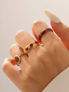 3件套 时尚法式复古优雅镀层不锈钢几何开口戒指，可调节尺寸，适合女性日常、派对、约会佩戴