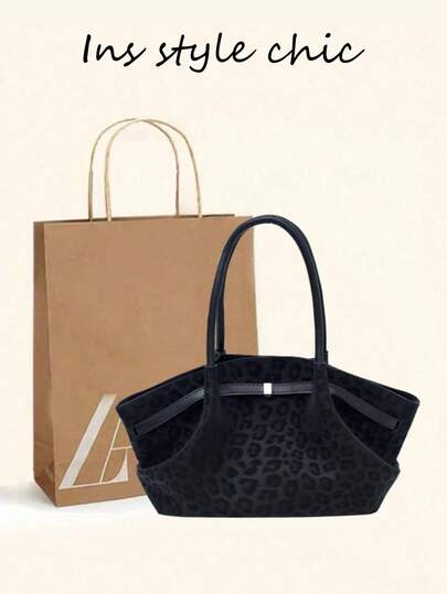 New Fashionable High-Appearance Women's Single-Shoulder Bag In Plain Colour Suede With Leopard Print In Black, Featuring Magnetic Closure And Double-Handle Design, Can Be Worn On The Shoulder Or Carried By Hand, With A Large Interior Suitable For Storing Lipstick, Keys, Cosmetics, And Everyday Items, Ideal For Women, Female University Students, Commuting, Outings, Dating, Shopping, Business Trips, Travel, And Daily Use On Any Occasion.