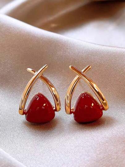 1 Pair Retro Red Criss-Cross Earrings, Stylish & Versatile Earrings Suitable For Christmas, New Year, And Daily Wear