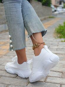 Women's White British Style Lace-Up Sneakers, Round Toe Low-Top Thick Sole Slip-On Shoes, Fashionable Breathable Non-Slip Chunky Sneakers For Students - White - View 5