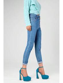 HDEUOLM Womens Chunky Block High Platform Heel Round Toe Closed Toe Pumps Two-Piece Ankle Strap Buckle Party Cute 53 Inches HeelsChristmas - 藍色 - 查看 6