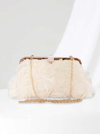 กระเป๋าคลัตช์สำหรับผู้หญิงดีไซน์ดอกไม้ 3 มิติ, กระเป๋าถือสำหรับงานเลี้ยงอาหารค่ำสำหรับผู้หญิง, กระเป๋าสะพายข้างพร้อมสายโซ่สีทอง, แฟชั่นฤดูใบไม้ร่วงฤดูหนาว, ของขวัญคริสต์มาสที่ดี