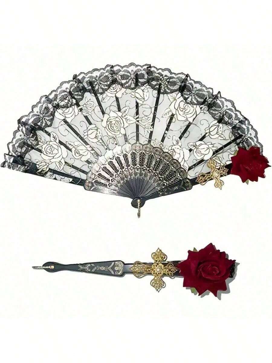Vintage Spanish Flamenco Rose Lace Folding Fan - Elegant Black Handheld Fan, Perfect For Party And Wedding Decorations, Room Decor For Men And Women - 黑紅色 - 查看 1
