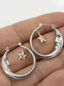 2件套月亮星星镂空几何耳环，银色金属极简时尚，适合派对和节日佩戴 - 彩色 - 查看 11