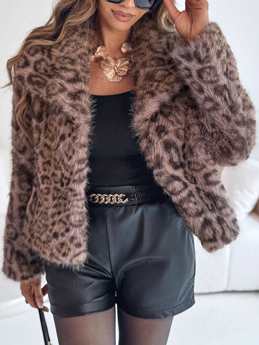 ChicMe Women's Lapel Long Sleeve Faux Fur Short Fluffy Leopard Print Jacket, Warm And Elegant, Suitable For Daily Dates