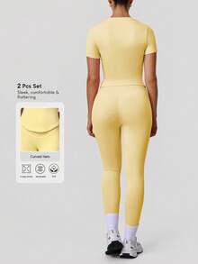 Sodalemon Women Sport Sets Solid Color T-Shirt No Front Seam Classic Design Yoga Leggings Outdoor Run Training Fitness Set - Yellow - View 2