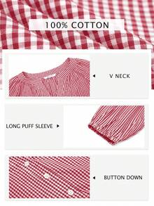 Women's Gingham Check Oversized Blouse - Breathable Comfort | Puff Sleeve, Pleated V Neck, Button Down - New Year Casual Gatherings, Fall Winter Daily Outings - 紅色 - 查看 4