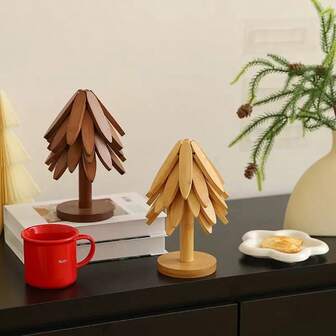 1 pieza Alfombrilla aislante de calor con diseño de árbol en color nogal, decoración de mesa de bambú creativa, posavasos resistente al calor