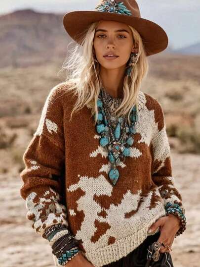 2025 Nouveau pull ample en laine tricotée avec motif asymétrique, col rond, imprimé vache, style western cowboy, pour femmes, automne et hiver