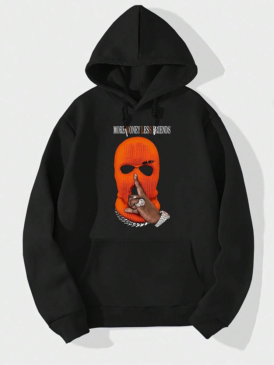 Sudadera con capucha impresa ás dinero, menos amigos, sudadera genial para hombres, sudadera casual con bolsillo canguro, adecuada para invierno y otoño - Negro - Ver 1