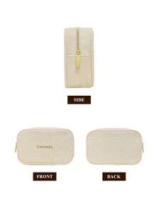 CHANEL Materiel, Makeup Bag, Christmas Beige Fabric Makeup Pouch With Gold Embroidered Logo, Zippered Travel Cosmetic Bag, Secure Zipper Closure - Platinum - View 5