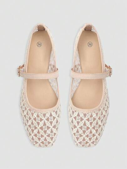 ADAMUMU Women's Fashion Square Toe Casual Party Office Buckle Strap Breathable Woven Hollow Mesh Comfortable Slip-On Flat Shoes, Apricot