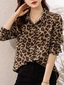 YUXIN 女士春夏复古豹纹衬衫，翻领长袖宽松款，适合日常外出/轻度社交场合，透气修身时尚上衣 - 咖啡 - 查看 8