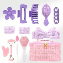22pcs Purple Hair Care & Massage Set, Suitable For Women, Includes Hair Clips, Hair Ties, Wristbands, Scrunchies, Massage Tools, Face Brush, Scalp Brush, Comes With Luxury Cosmetic Bag, Great For Daily Skincare, Face Massage, Hair Accessories, Best Gift Choice - Multicolor - View 1