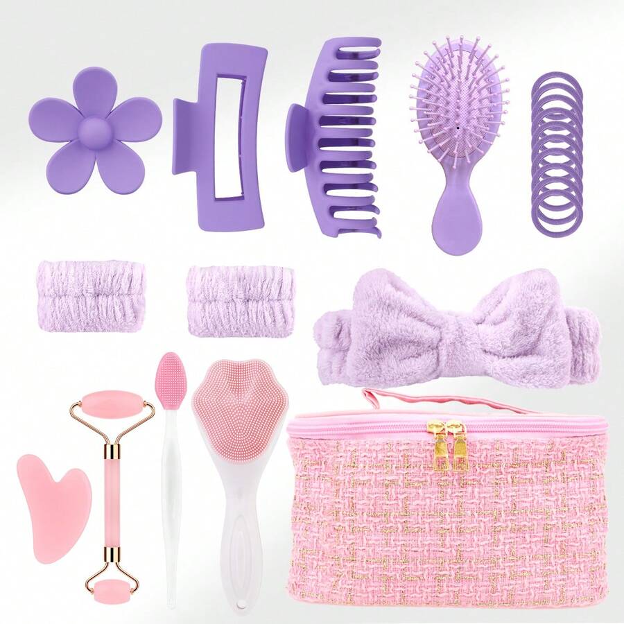 22pcs Purple Hair Care & Massage Set, Suitable For Women, Includes Hair Clips, Hair Ties, Wristbands, Scrunchies, Massage Tools, Face Brush, Scalp Brush, Comes With Luxury Cosmetic Bag, Great For Daily Skincare, Face Massage, Hair Accessories, Best Gift Choice - Multicolor - View 1