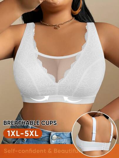 MIMILEMON Plus Size White Wireless Bra - Semi-Sheer Lace & Wide Straps, Lift & Support With Side Shaping, Breathable & Comfortable For All-Day Wear