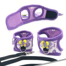 حزام صدر مخطط قابل للتعديل وقابل للتنفس من الجينز لحيوانات أليفة صغيرة مع سير، مناسب الغينية والهوامستر والأرانب، سير خارجي مريح، باللون الأحمر والبنفسجي والأزرق مع تصميم زهري، اكسسوارات للحيوانات الأليفة - متعدد الألوان - مشاهدة 7