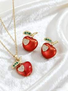 1 Set de Collar con Colgante de Manzana y Aretes de Acero Inoxidable, Diseño Elegante y Ligero Versátil, Accesorios de Regalo - Rojo - Ver 1
