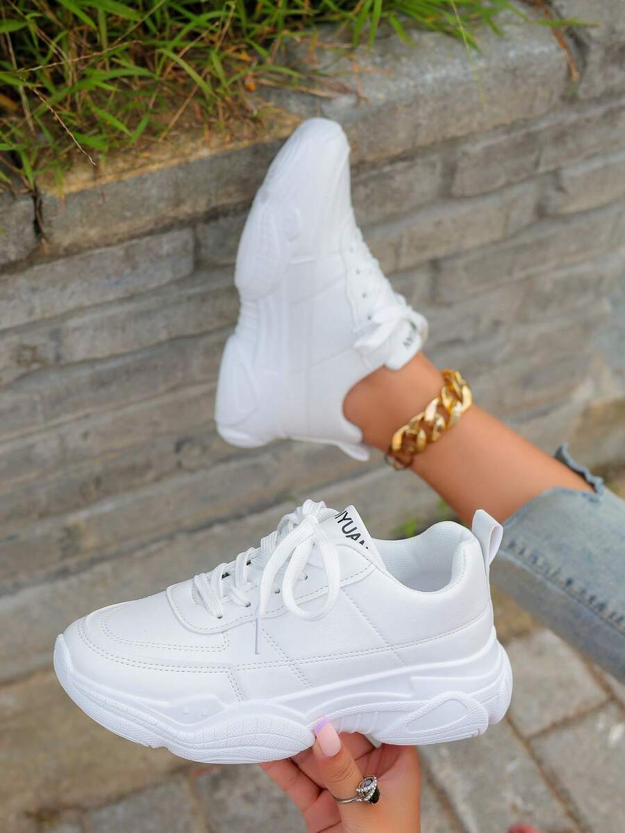 Women's White British Style Lace-Up Sneakers, Round Toe Low-Top Thick Sole Slip-On Shoes, Fashionable Breathable Non-Slip Chunky Sneakers For Students - White - View 1