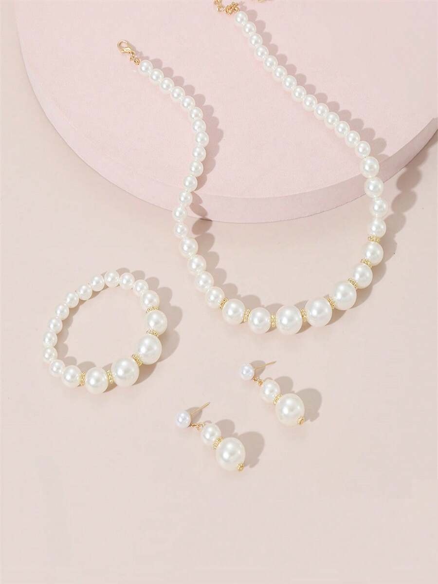 Set de 3 bijuterii elegante și drăguțe pentru fete, cu perle artificiale, include colier, brățară și cercei, potrivite pentru purtare zilnică și petrecere, cadou de ziua de naștere