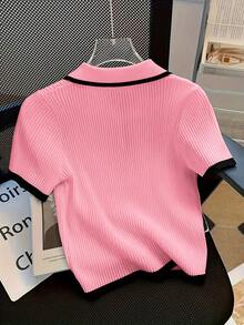 Áo thun dệt kim tay ngắn mới mùa hè Y2K dành cho nữ, Áo dệt kim gân màu tương phản trẻ trung, thời trang, áo cánh mùa hè dễ thương, áo ngoài trời cho nữ, mùa tựu trường - Màu Hồng baby - Xem 2